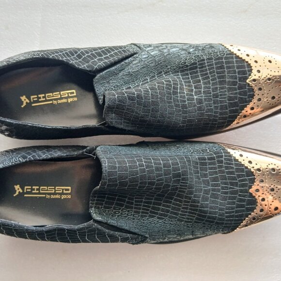 Fiesso by Aurelio Garcia Black Croc & Gold Toe Loafers Mens 13 Great Cond - Picture 5 of 13